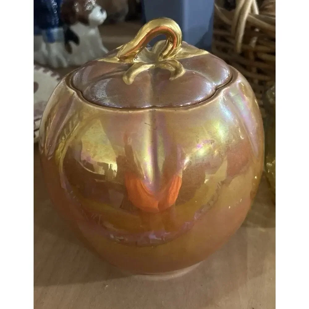 Vtg Fall Pumpkin Canister Orange Lusterware Iridescent Gold Lid Stem Cookie Jar‎
